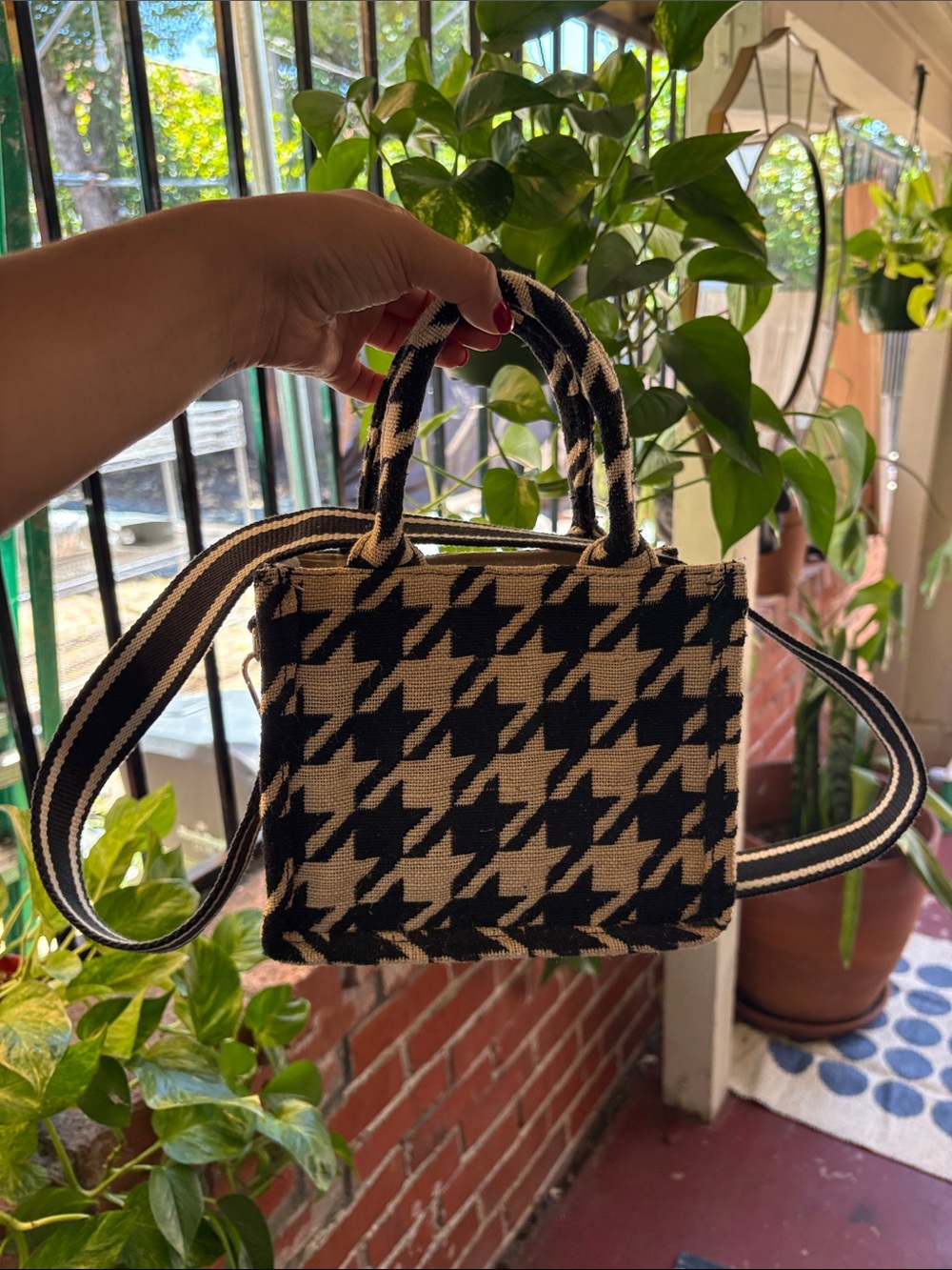 H&M Black & Cream Houndstooth Mini Tote Bag